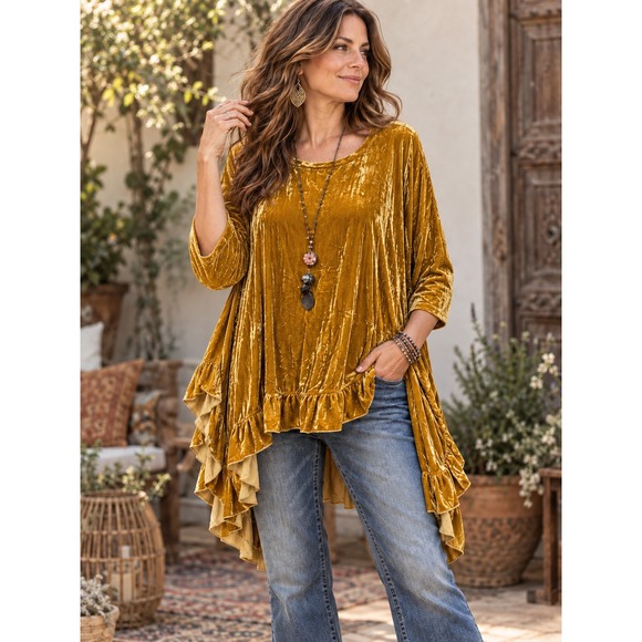 Hearts Desire Tops - Hearts Desire Butterfly Top Long Velvet Gold Ruffle Asymmetric Tunic Medium